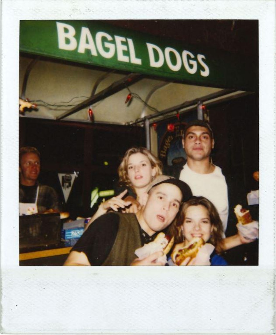 caption: Patrons of Bagel Dogs, where the Seattle dog made its infamous start in the 1980s.