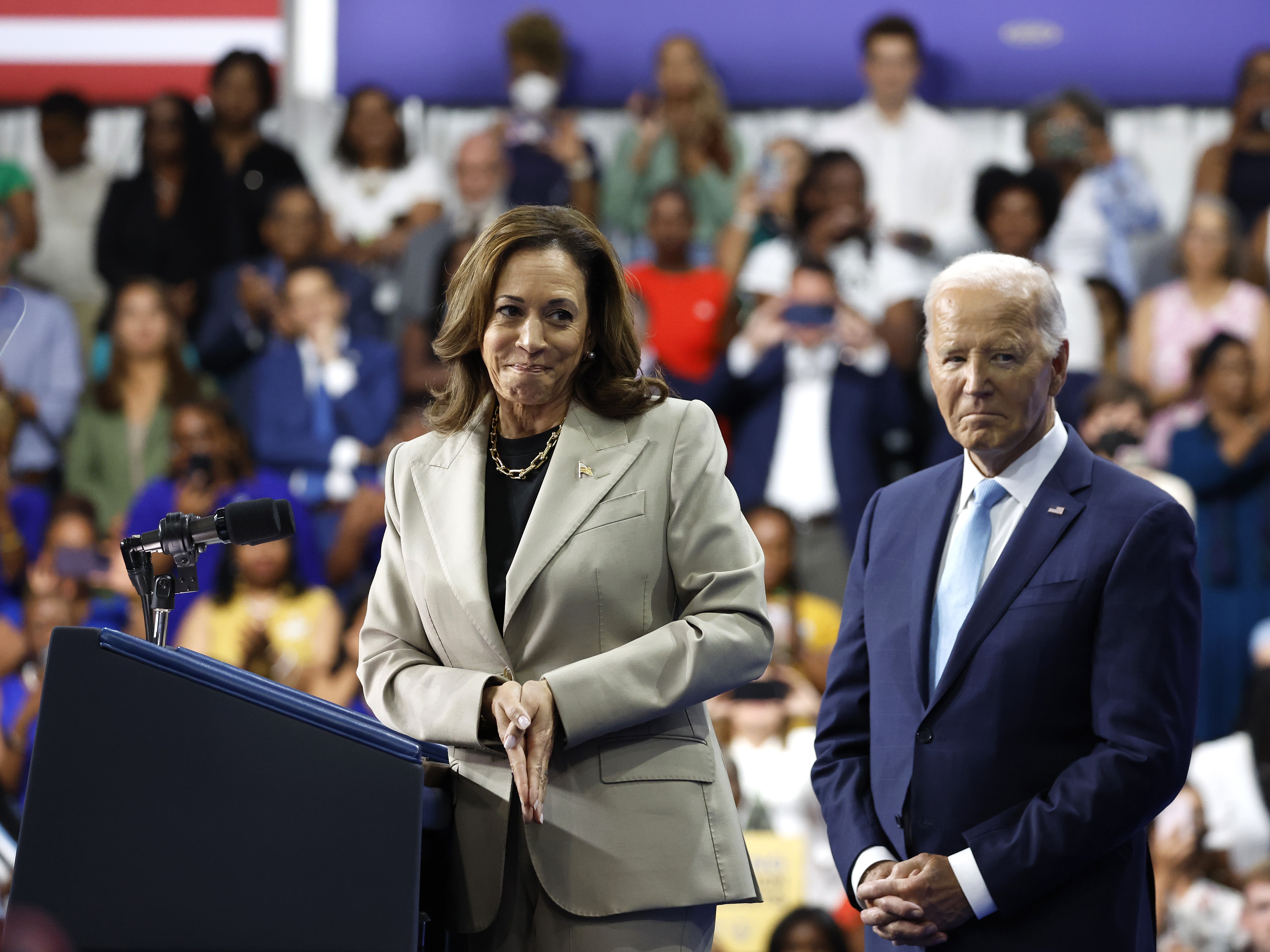 caption: Vice President Harris speaks about prescription drug prices with President Biden on Aug. 15, 2024 in Largo, Md. 