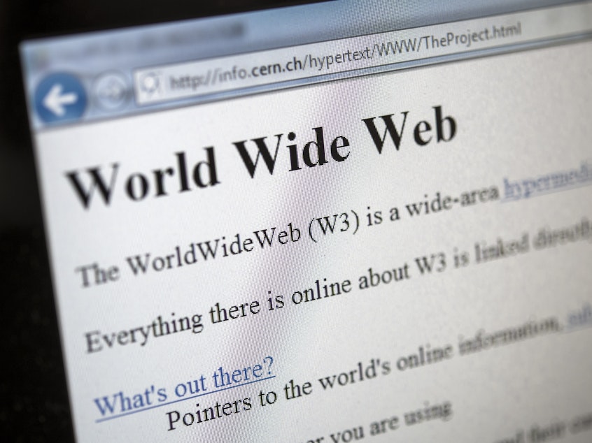 caption: This picture taken on April 30, 2013 in Geneva shows a 1992 copy of the world's first web page.