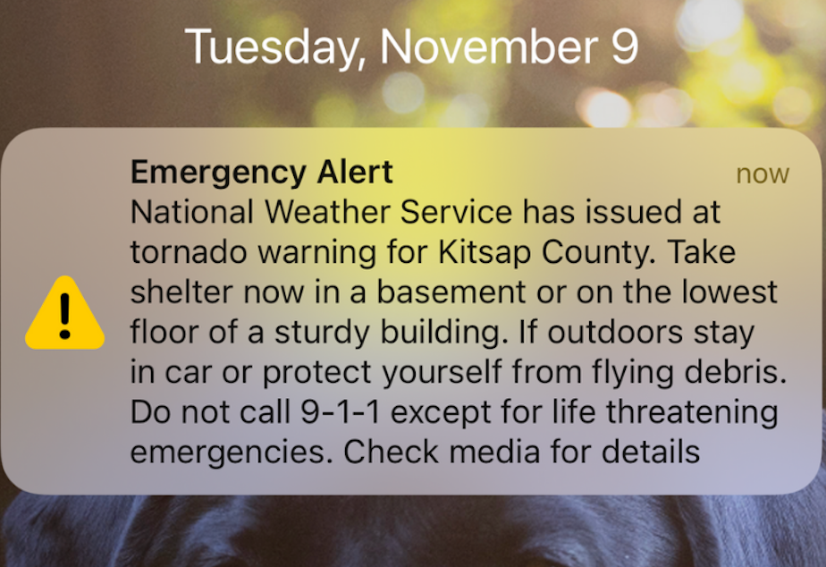 caption: An emergency alert for potential tornados was sent to residents across North Kitsap County Nov. 11, 2021. 