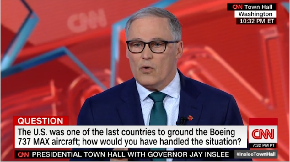 caption: Washington Gov. Jay Inslee appears on CNN answering audience and listener questions during a town-hall event.