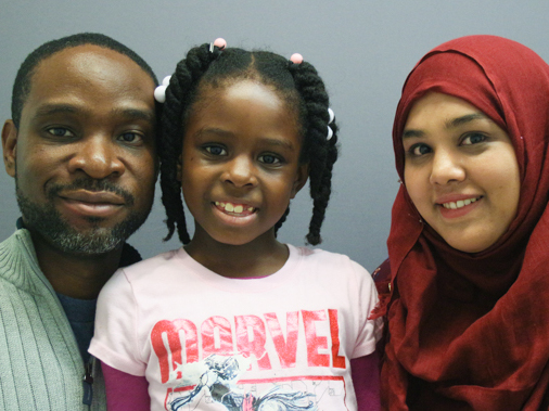 caption: Rich Jean; his daughter, Abigail Jean; and librarian Hasina Islam at StoryCorps in Brooklyn, N.Y., in 2016.