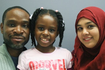 caption: Rich Jean; his daughter, Abigail Jean; and librarian Hasina Islam at StoryCorps in Brooklyn, N.Y., in 2016.