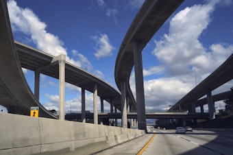 caption: The CA-110, a highway that's frequently jam-packed with California commuters, saw extremely light traffic in March.