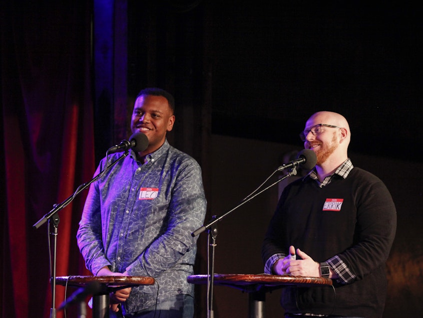 caption: Contestants Leo Jones and Errik Hood appear on <em>Ask Me Another</em> at the Bell House in Brooklyn, New York