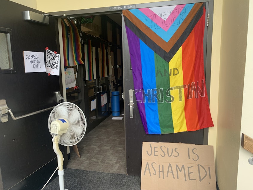 caption: The entrance to the sit-in space inside Demaray Hall on Seattle Pacific University's campus.