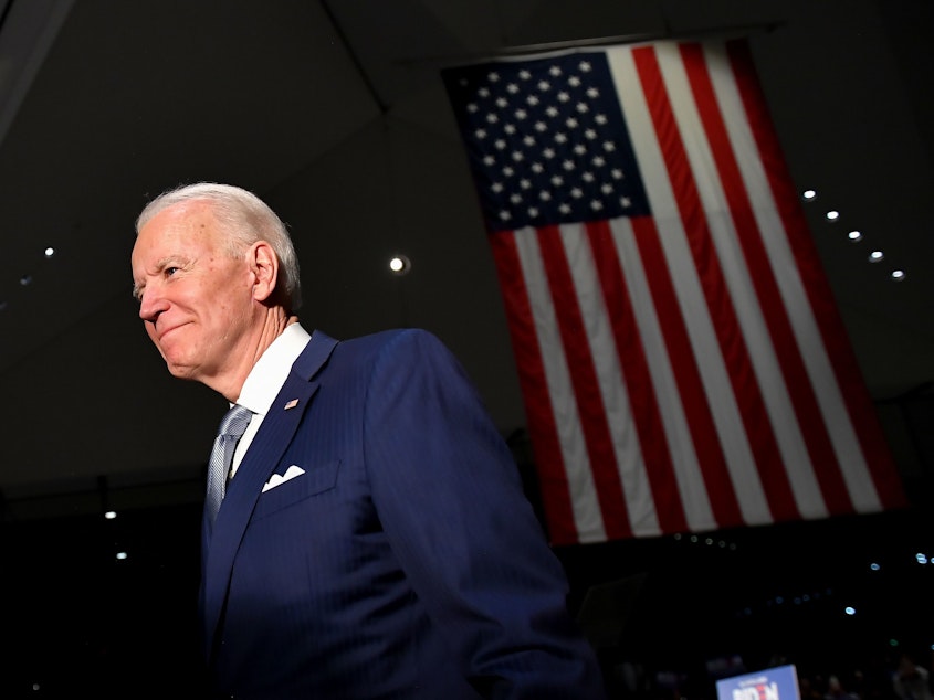 caption: Democratic presidential hopeful former Vice President Joe Biden spoke at the National Constitution Center in Philadelphia Tuesday night.