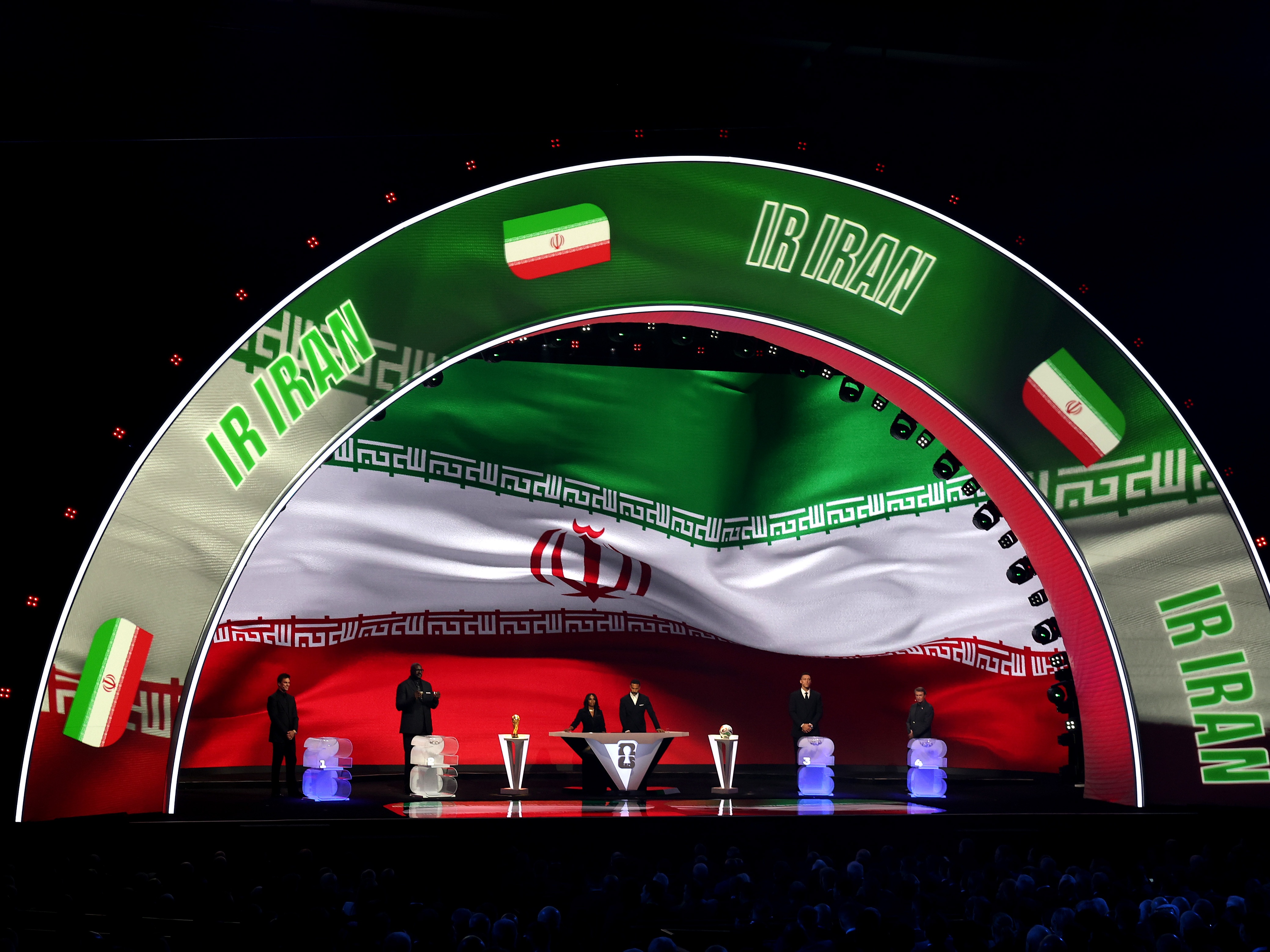 caption: Iran is illuminated on the screen during the FIFA World Cup 2026 Official Draw on December 05, 2025 in Washington, D.C.