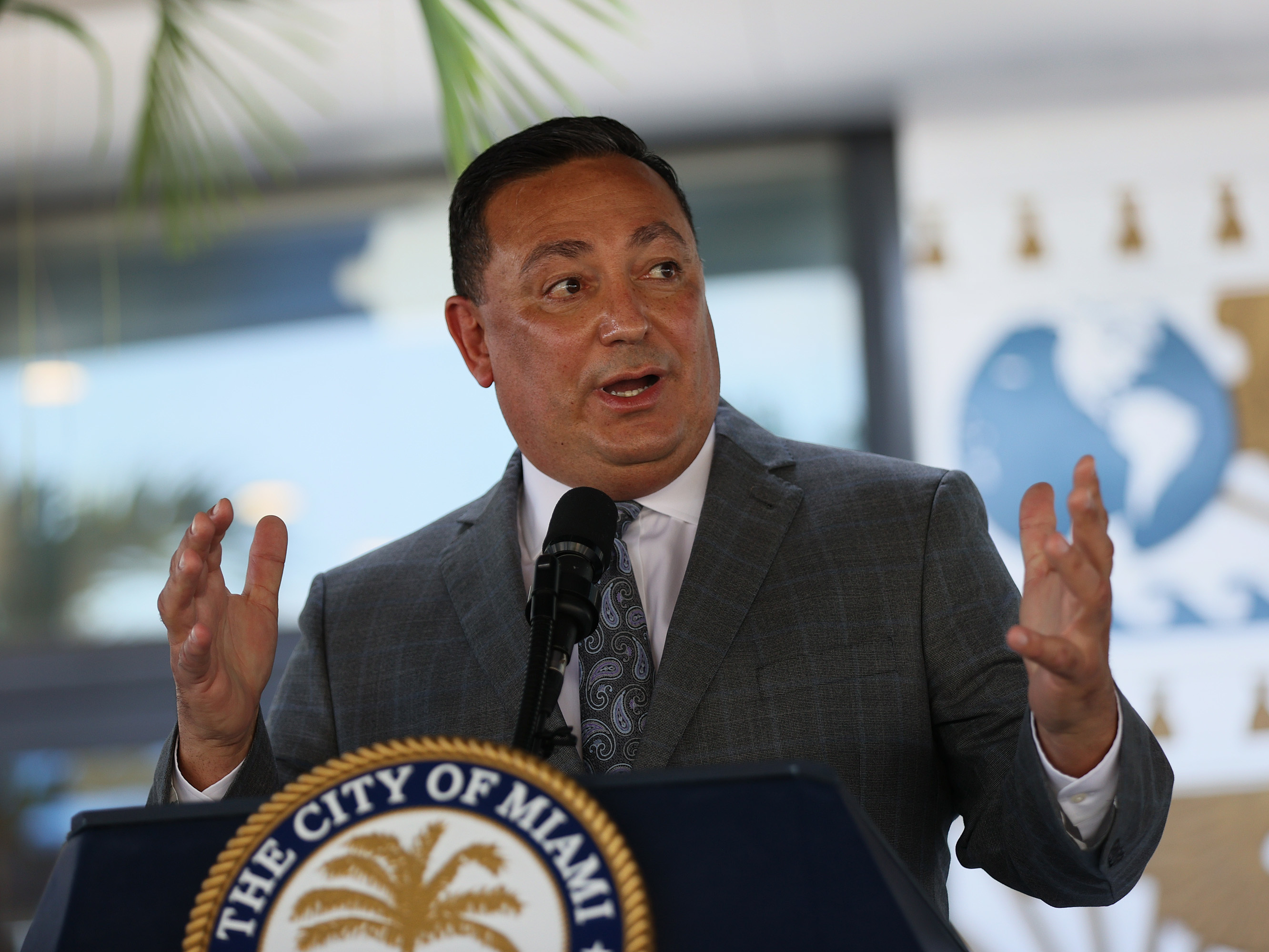 caption: Miami's new Police Chief Art Acevedo speaks to the media during his introduction at City Hall on March 15, 2021 in Miami, Florida. Acevedo left his job as police chief in Houston, Texas to take over Miami's police department.