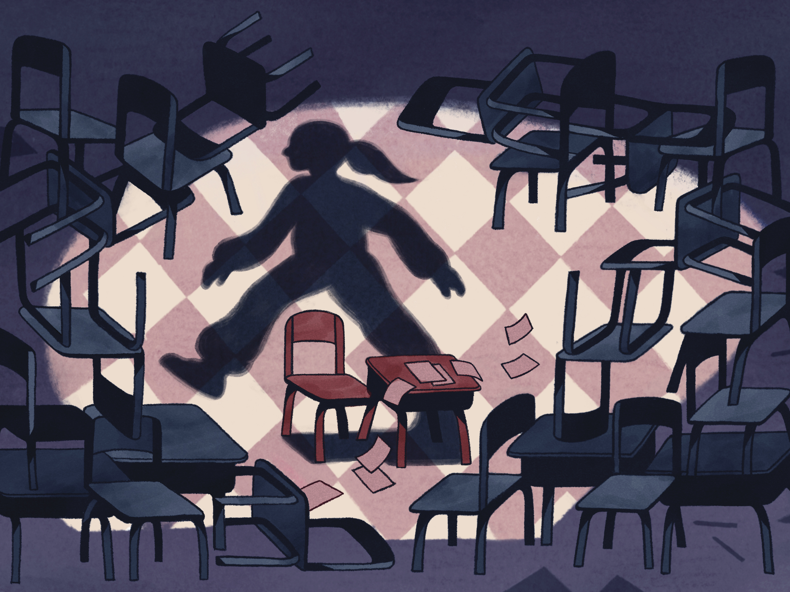 The shadow of a student walks away from an empty desk surrounded by more empty chairs and desks in a school classroom.