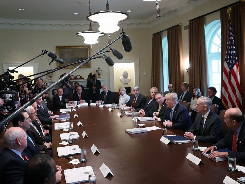 caption: President Trump speaks during a cabinet meeting at the White House on June 21, 2018. Just over a year later, he's had turnover in the departments of Justice, Interior, Homeland Security, Defense, Labor, and a number of lower agencies.