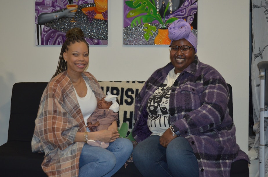 caption: Jazmin Williams (right) is a doula and the founder of Blkbry, which offers perinatal support to Black women in King County. Damarria Davis (left) is a Blkbry doula.