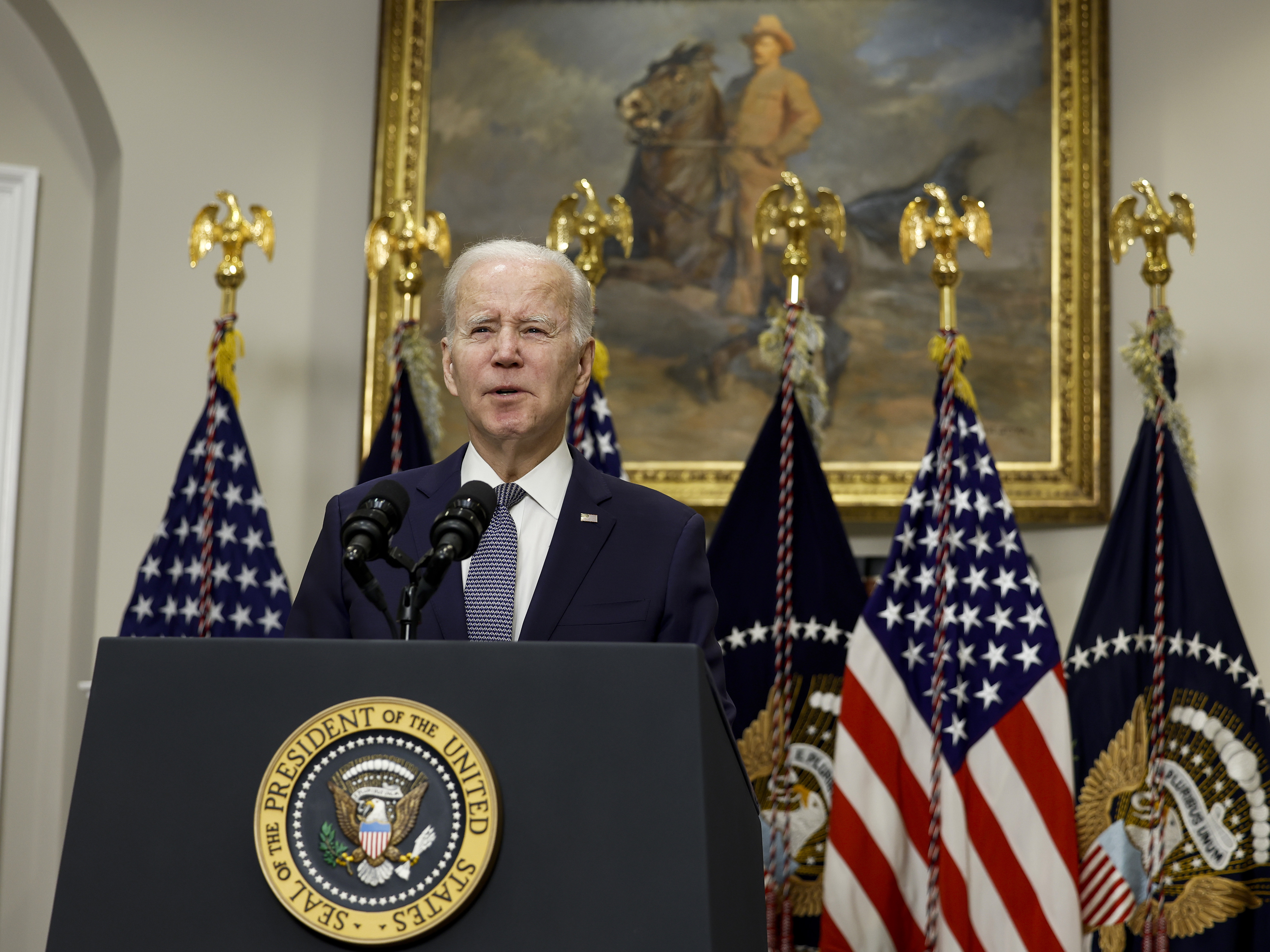 caption: "We must get the full accounting of what happened and why," President Biden said of the banking crisis, speaking in the Roosevelt Room of the White House on Monday.