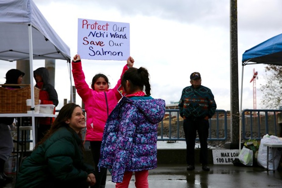 caption: <p>Allies and members of Yakama Nation hold a rally at the&nbsp;<span class="s1">Vancouver Landing Amphitheater along the Columbia River.</span></p>