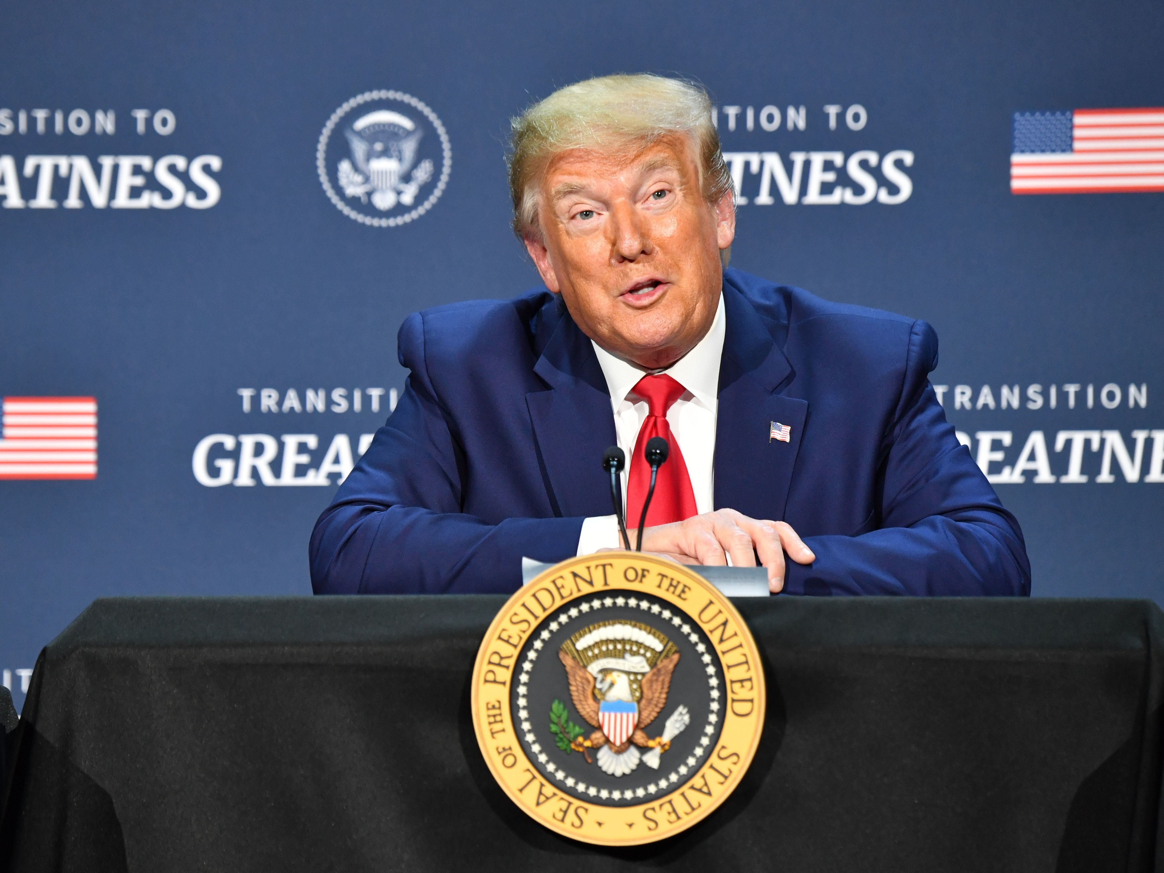 caption: President Trump hosts a roundtable Thursday with faith leaders, law enforcement officials and small business owners in Dallas.