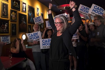 caption: Cary Moon celebrates her number 2 spot for the Seattle mayoral race on primary night. Moon had 15.6 percent of the first batch of returns. Jenny Durkan led the race on Tuesday, with 31.6 percent of initial returns. Click on image for slideshow.