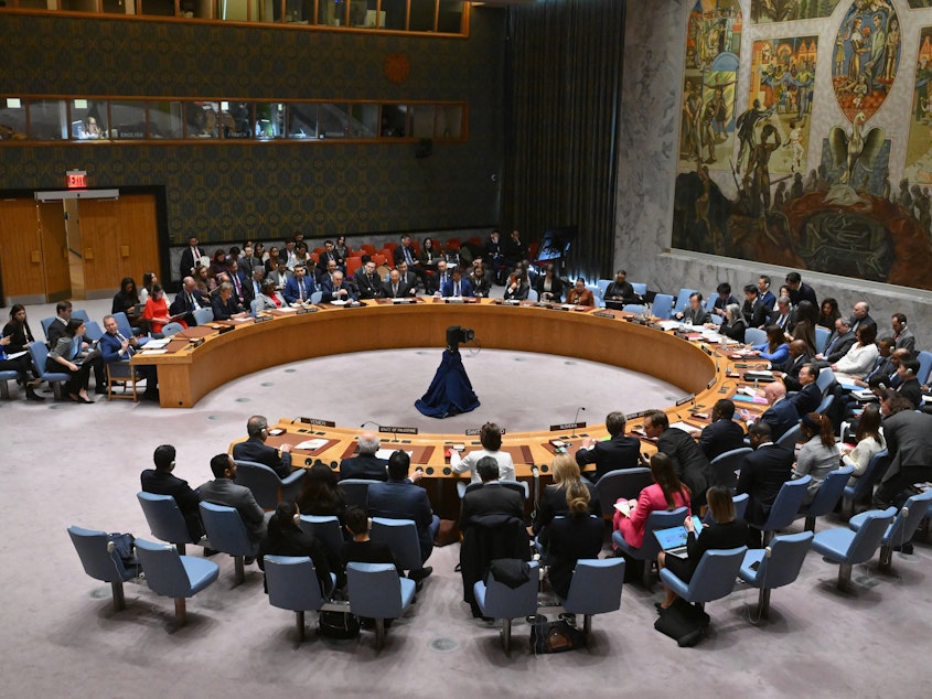 caption: The United Nations Security Council meets on the situation in the Middle East, including the war in Gaza, at U.N. headquarters in New York on Monday.