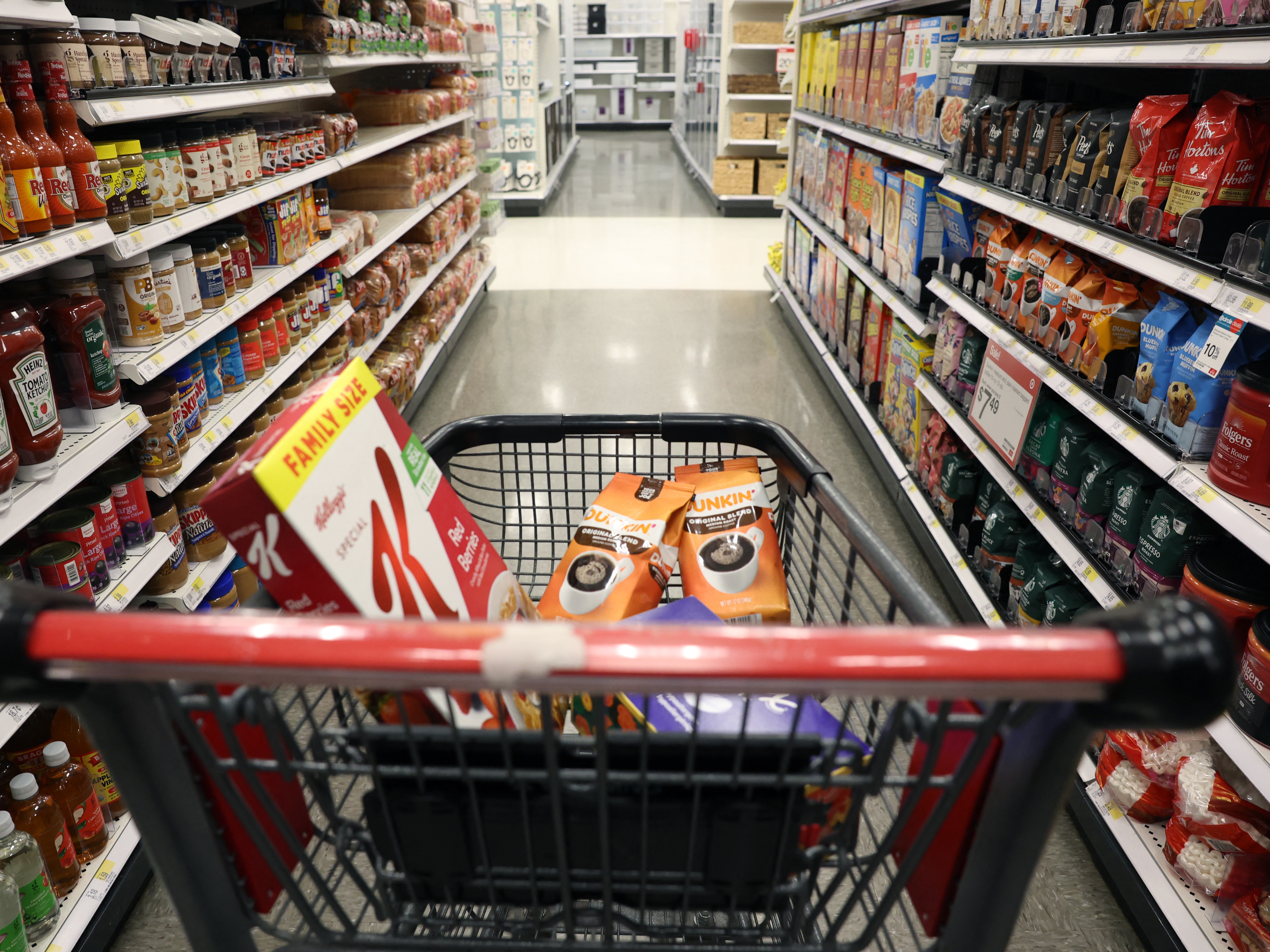 caption: A shopping cart with groceries at a Target store in New York City on April 10, 2025. President Trump has several ways to impose tariffs, despite a Supreme Court loss.