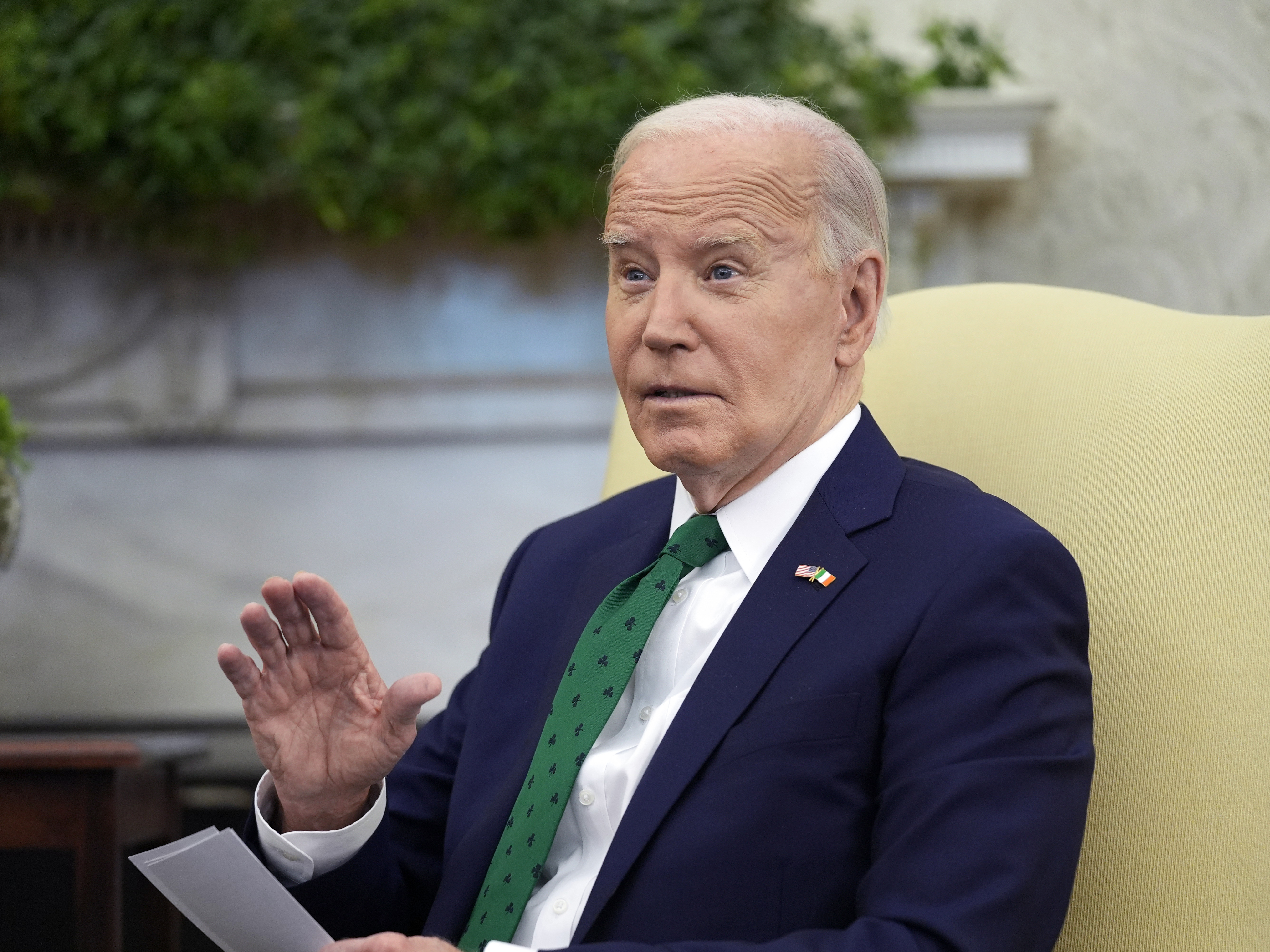 caption: President Joe Biden meets with Irish Prime Minister Leo Varadkar in the Oval Office of the White House, Friday, March 15, 2024 in Washington.