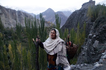caption: Shamim Banno, 55, walks up the Harchi Valley after she finished milking her cow. Farmers in the Harchi Valley in Pakistan's highlands enjoyed a close relationship with their glacier that snakes between two mountain peaks.