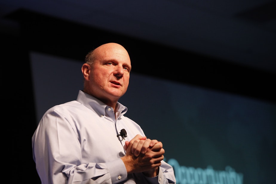 caption: Former Microsoft CEO Steve Ballmer speaking at a Microsoft event in 2010