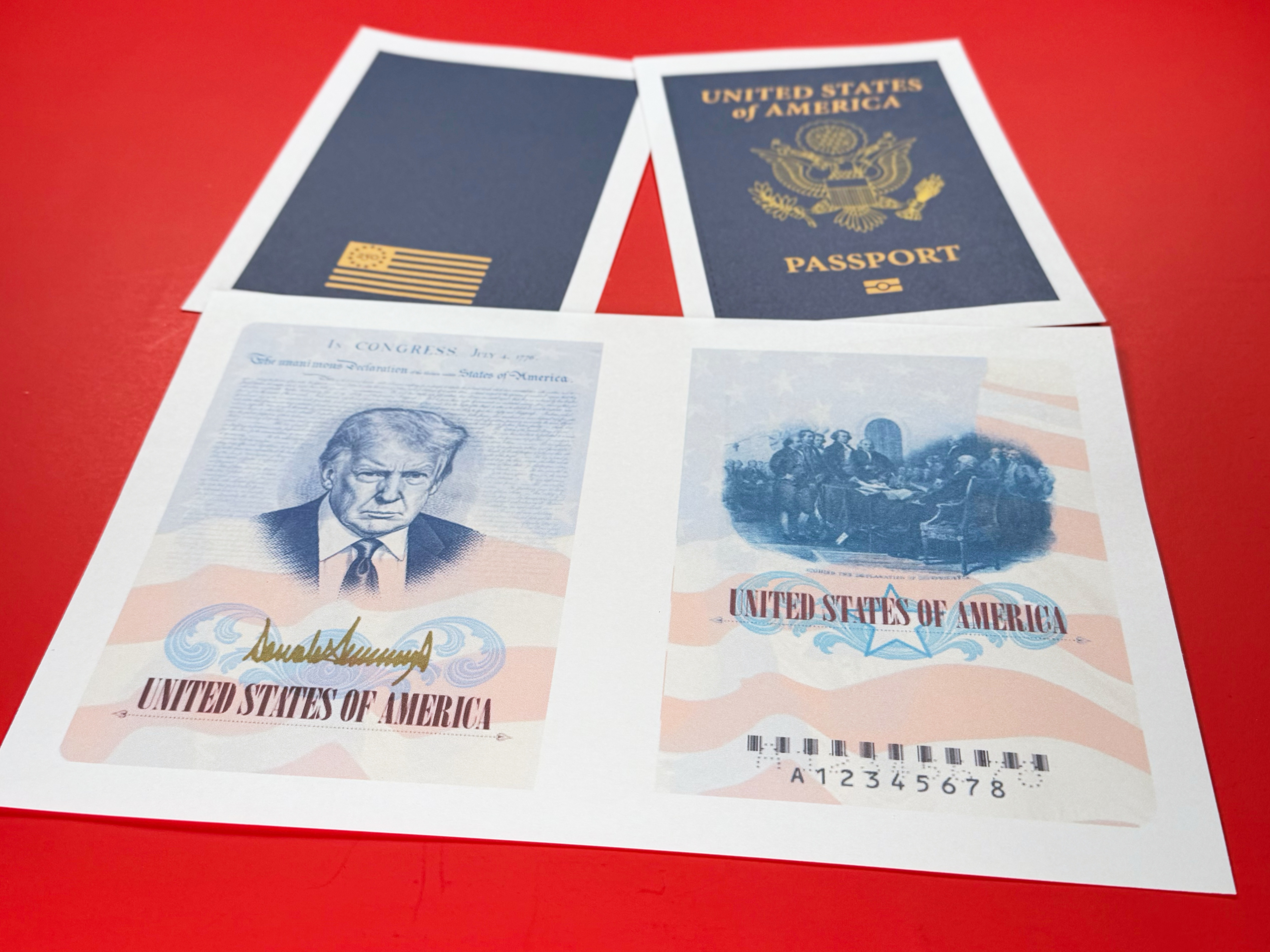 caption: A sample of a limited release of a commemorative U.S. passport that celebrates America's 250th birthday and features a picture of President Donald Trump, is photographed Tuesday, April 28, 2026.