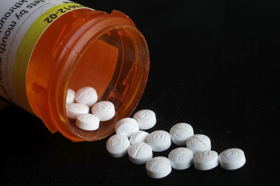 caption: This Aug. 29, 2018, photo shows an arrangement of prescription Oxycodone pills. 