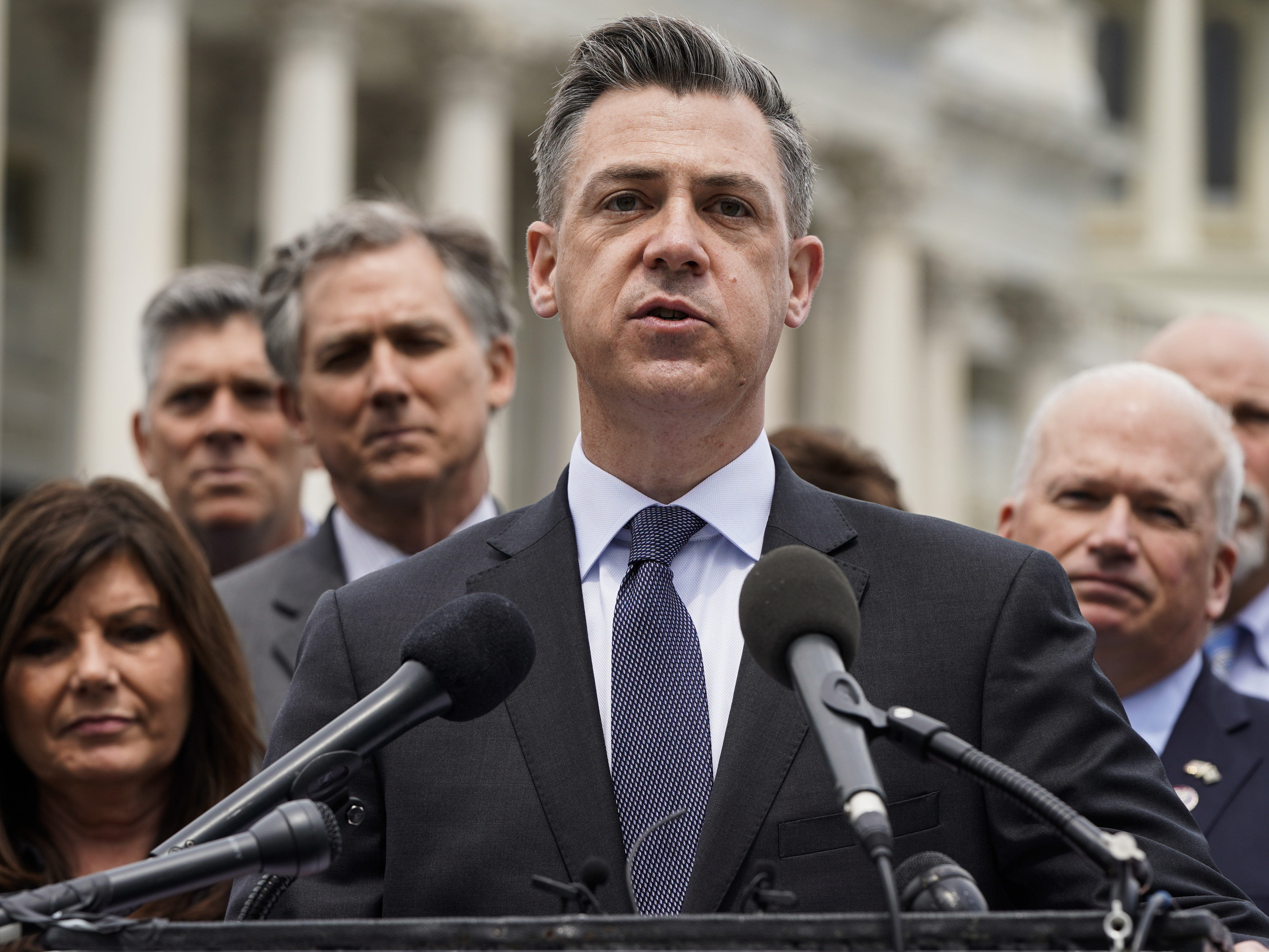 caption: Rep. Jim Banks, R-Ind., speaks to the media on April 21. Banks was tapped Monday to be the ranking Republican on the House select committee investigating the Jan. 6 insurrection.