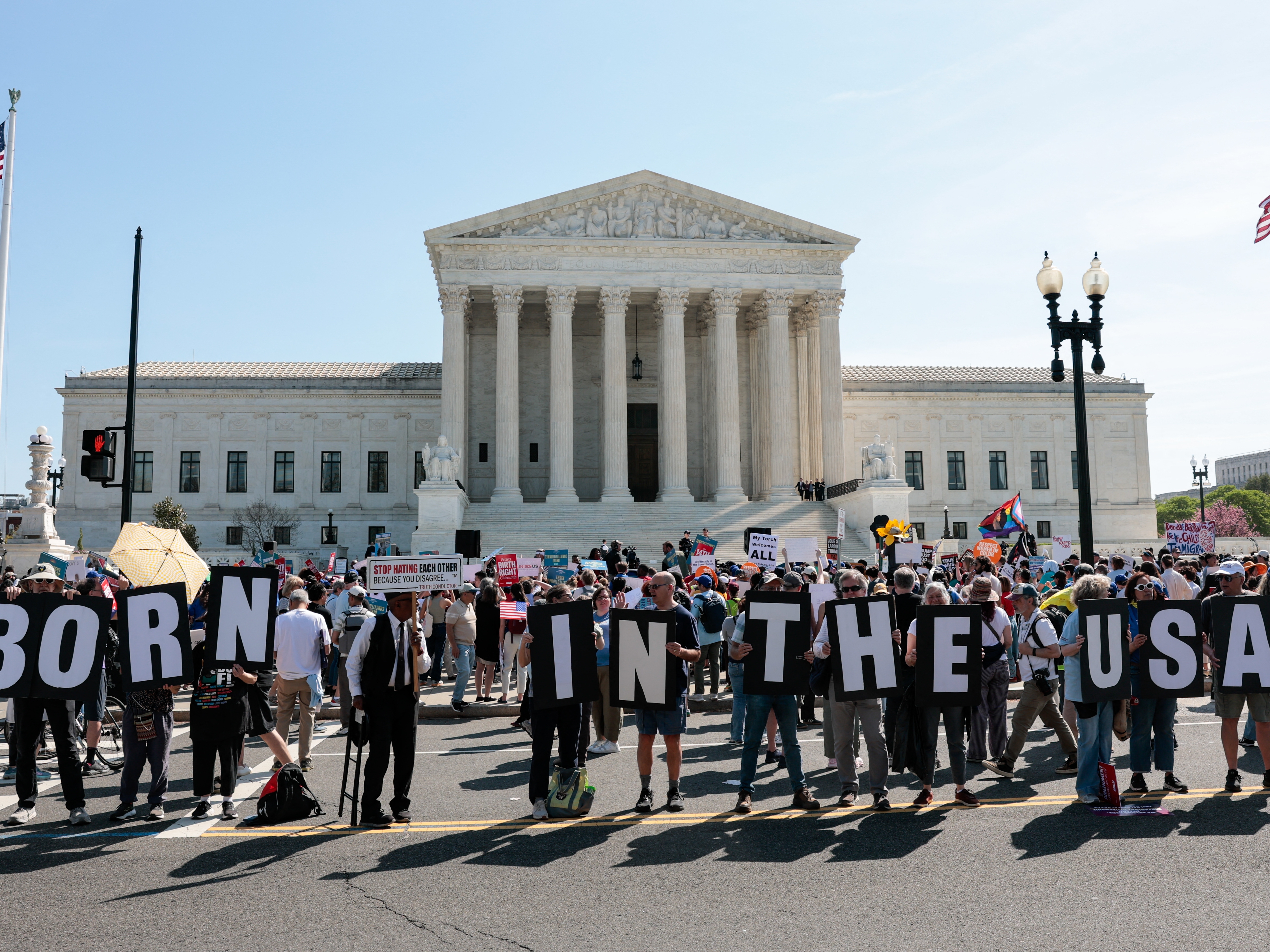 caption: Demonstrators rally in support of birthright citizenship outside the U.S. Supreme Court as President Donald Trump attends oral arguments in Washington, D.C., on April 1.