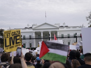 caption: Pro-Palestinian protesters gather in front of the White House on Saturday, calling for a cease-fire. The Biden administration is pushing Israel to consider humanitarian pauses instead.