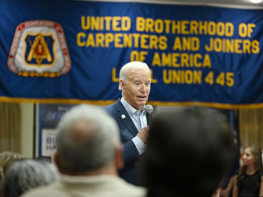 caption: President Biden speaks during a campaign event in Scranton, Penn, on April 16 during the first of three days in the battleground state.