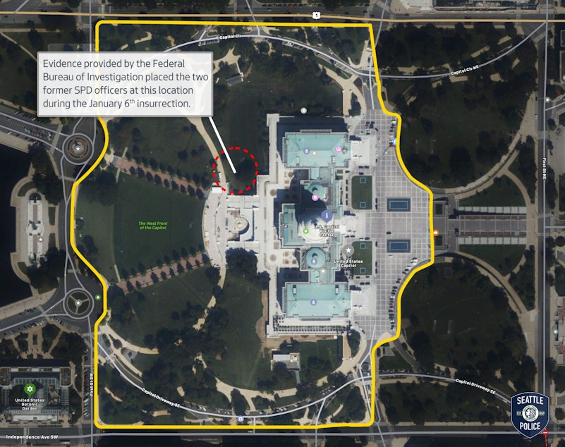 caption: This graphic shows where Seattle police say two of its officers were present during the riot and insurrection at the nation's Capitol in Washington DC on Jan. 6, 2021. It places them beyond barriers set by Capitol police. 