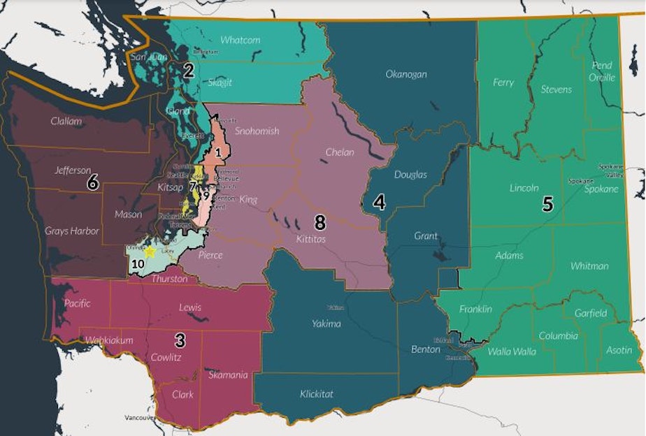 caption: Proposed congressional districts for Washington state by the 2021 Washington State Redistricting Commission.