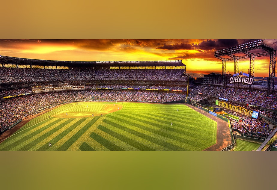 caption: Safeco Field at twilight.