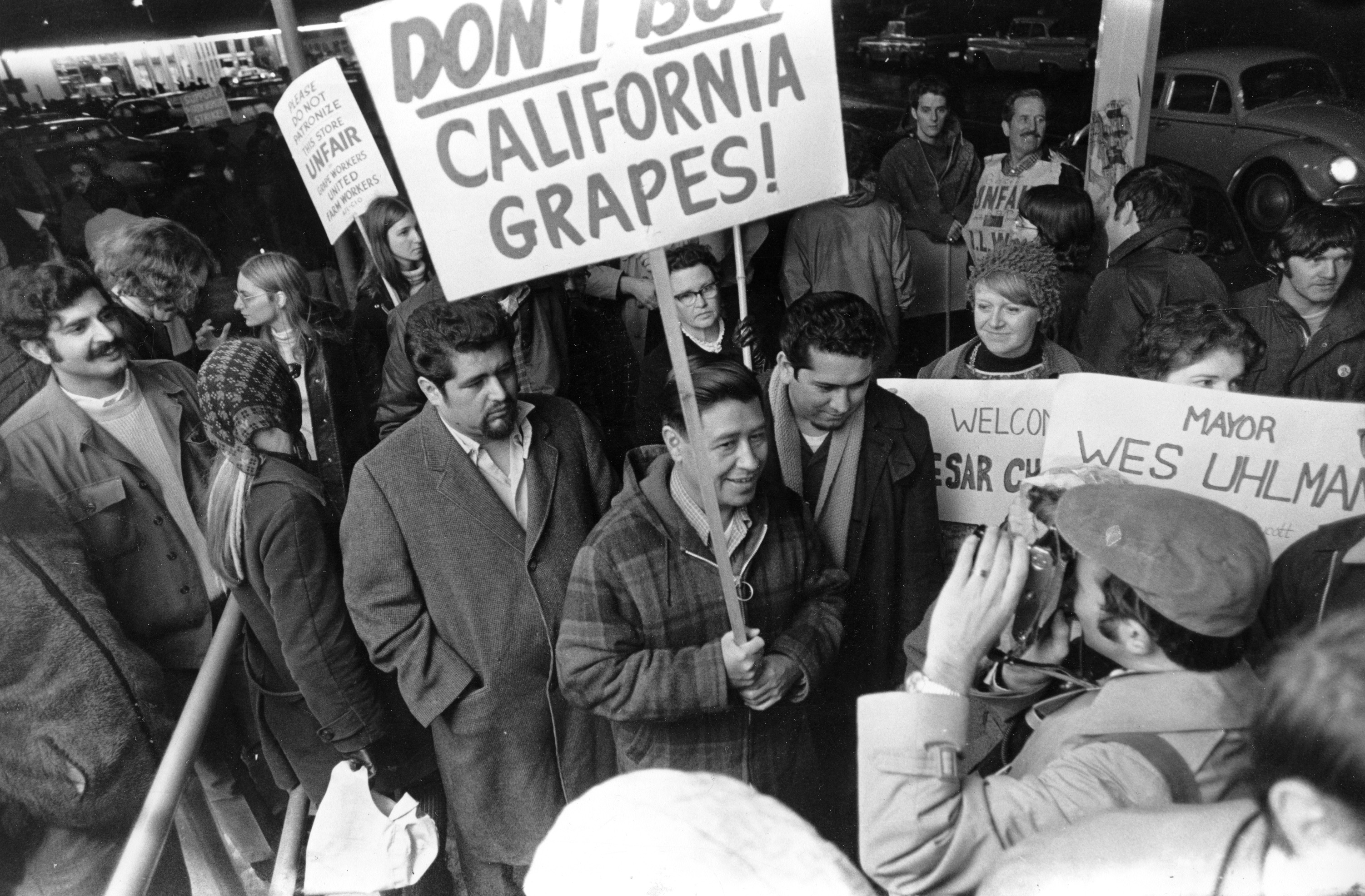caption: United Farm Workers President Cesar Chavez, carrying a sign calling for a boycott of California table grapes, leads about 400 people picketing a Safeway supermarket in Seattle, Wash., Dec. 19, 1969. 