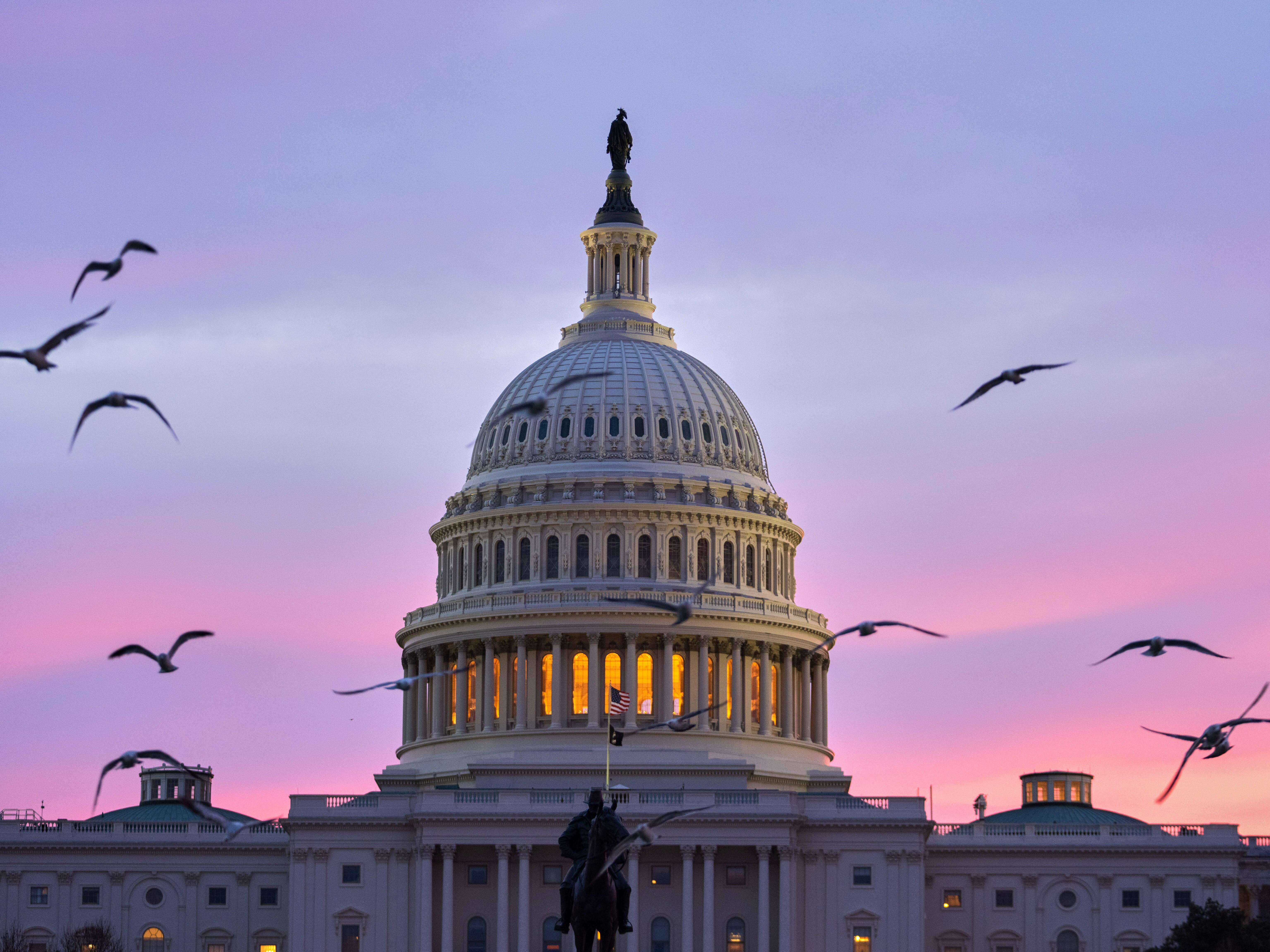 caption: Birds fly by as the sun rises behind the U.S. Capitol on March 18, 2026.