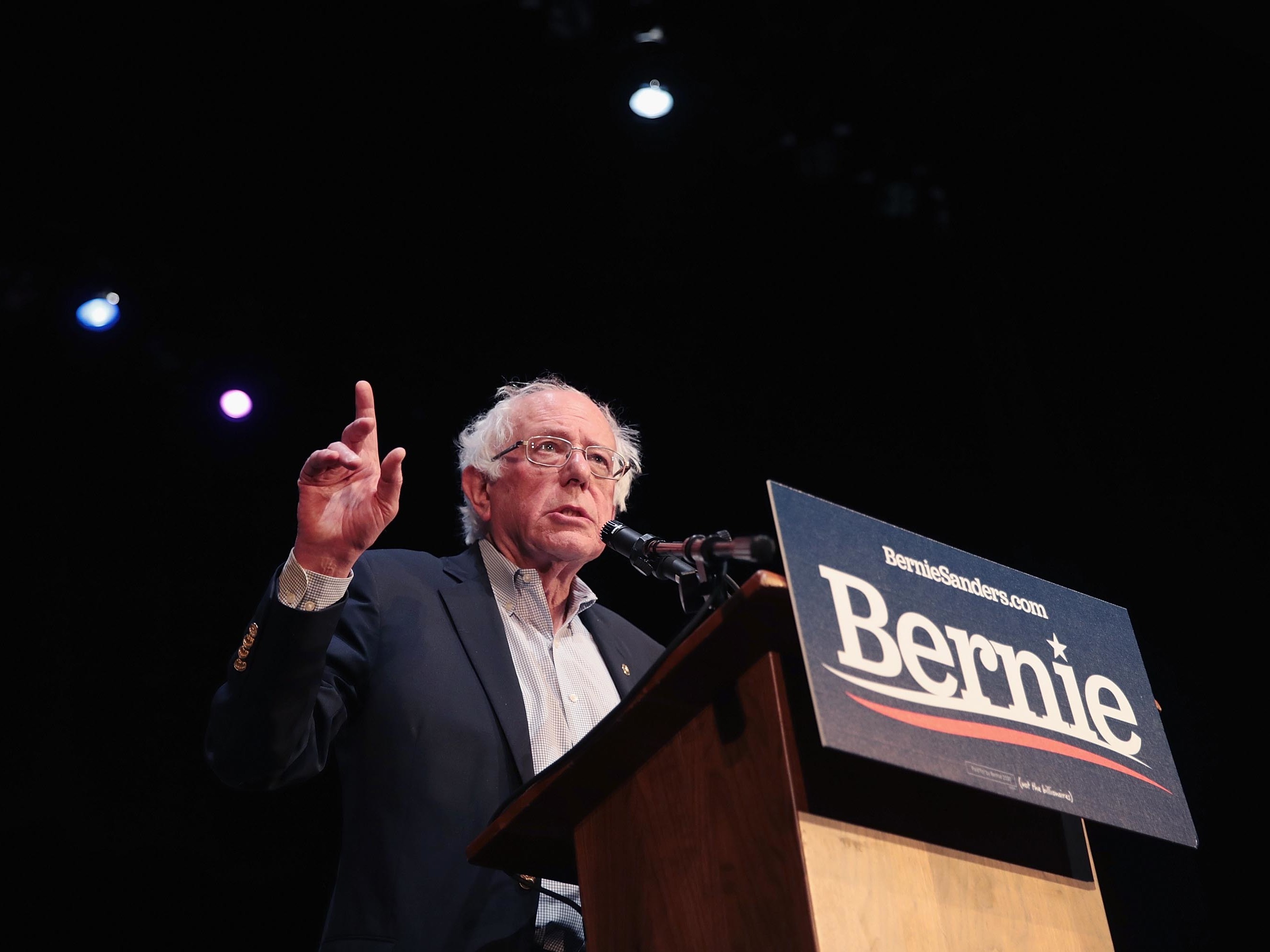 caption: Democratic presidential candidate Sen. Bernie Sanders, I-Vt., speaks during a rally on April 06, 2019, in Fairfield, Iowa.