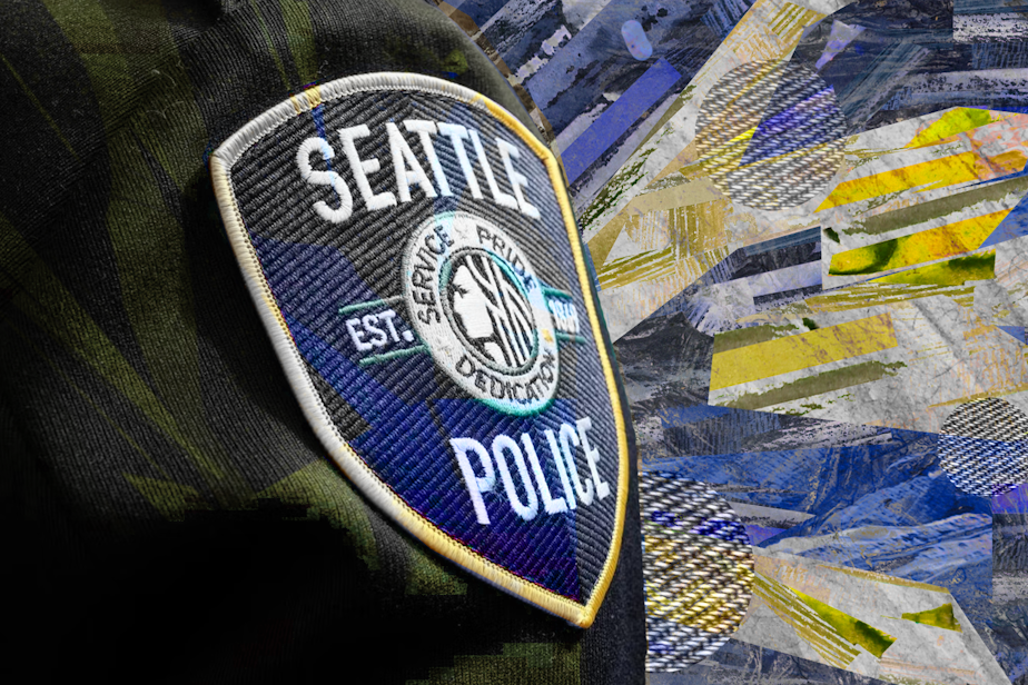caption: A collage of a Seattle Police patch on an officer's uniform against a newspaper texture background. Original photo courtesy of the Seattle Police Department.