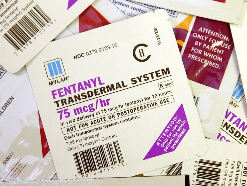 caption: A collection of fentanyl patches, clearly marked with warnings against non-prescribed uses, shown in 2006.