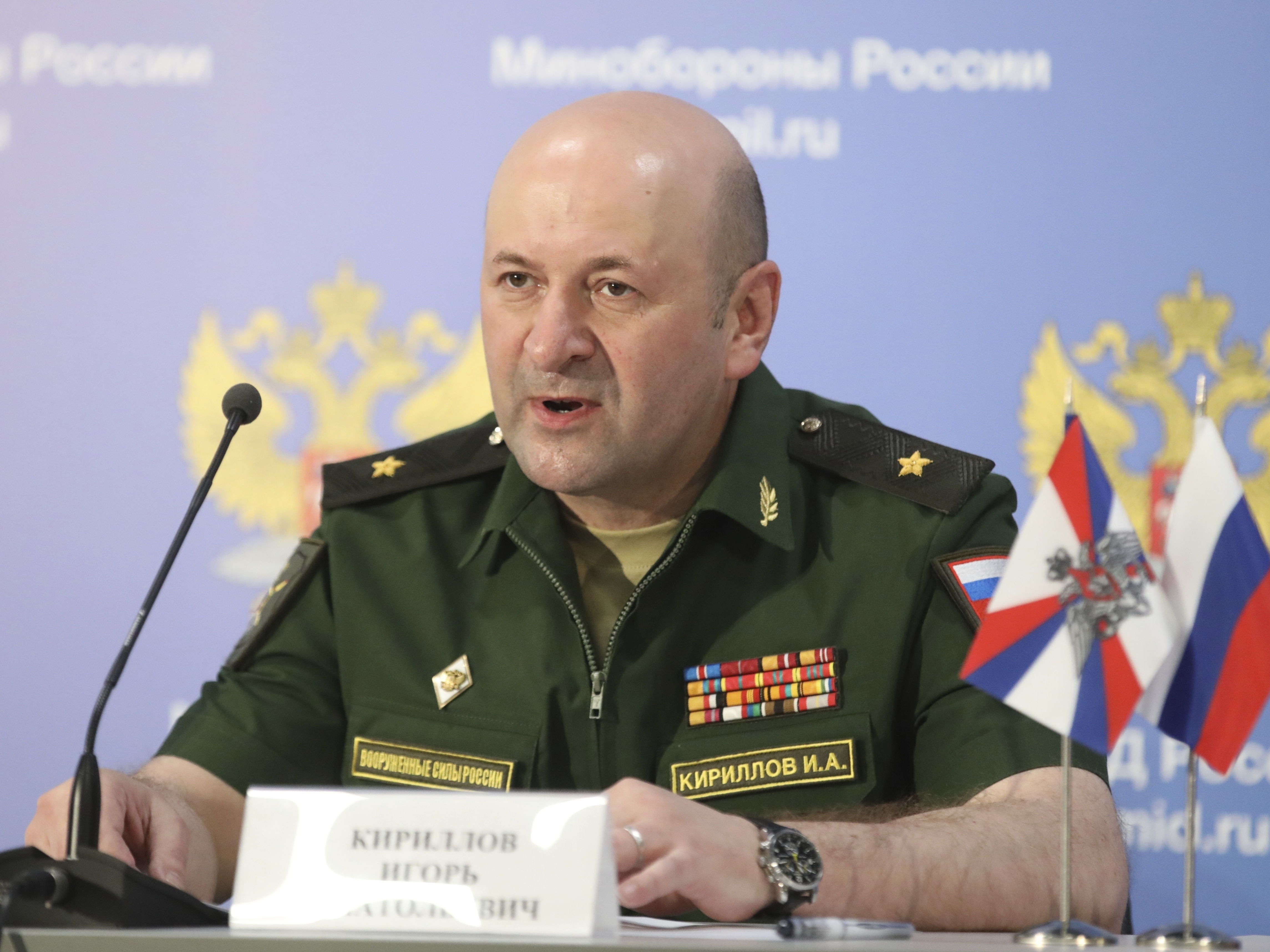 caption: Maj. Gen. Igor Kirillov, the chief of the Russian military's radiation, chemical and biological protection unit, attends a briefing in Kubinka Patriot park, outside Moscow, Russia, on June 22, 2018.