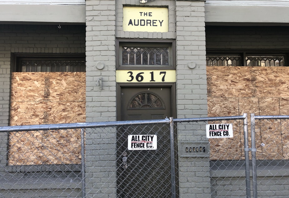 caption: The Audrey apartment building in Seattle's Fremont neighborhood a few weeks after an apartment there caught fire. 