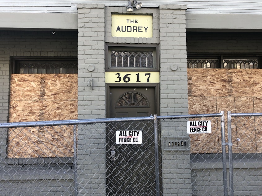 caption: The Audrey apartment building in Seattle's Fremont neighborhood a few weeks after an apartment there caught fire.