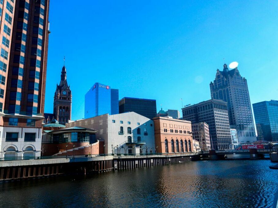 caption: The Tower of the City Hall is seen in downtown Milwaukee, Wis., in January 2020.