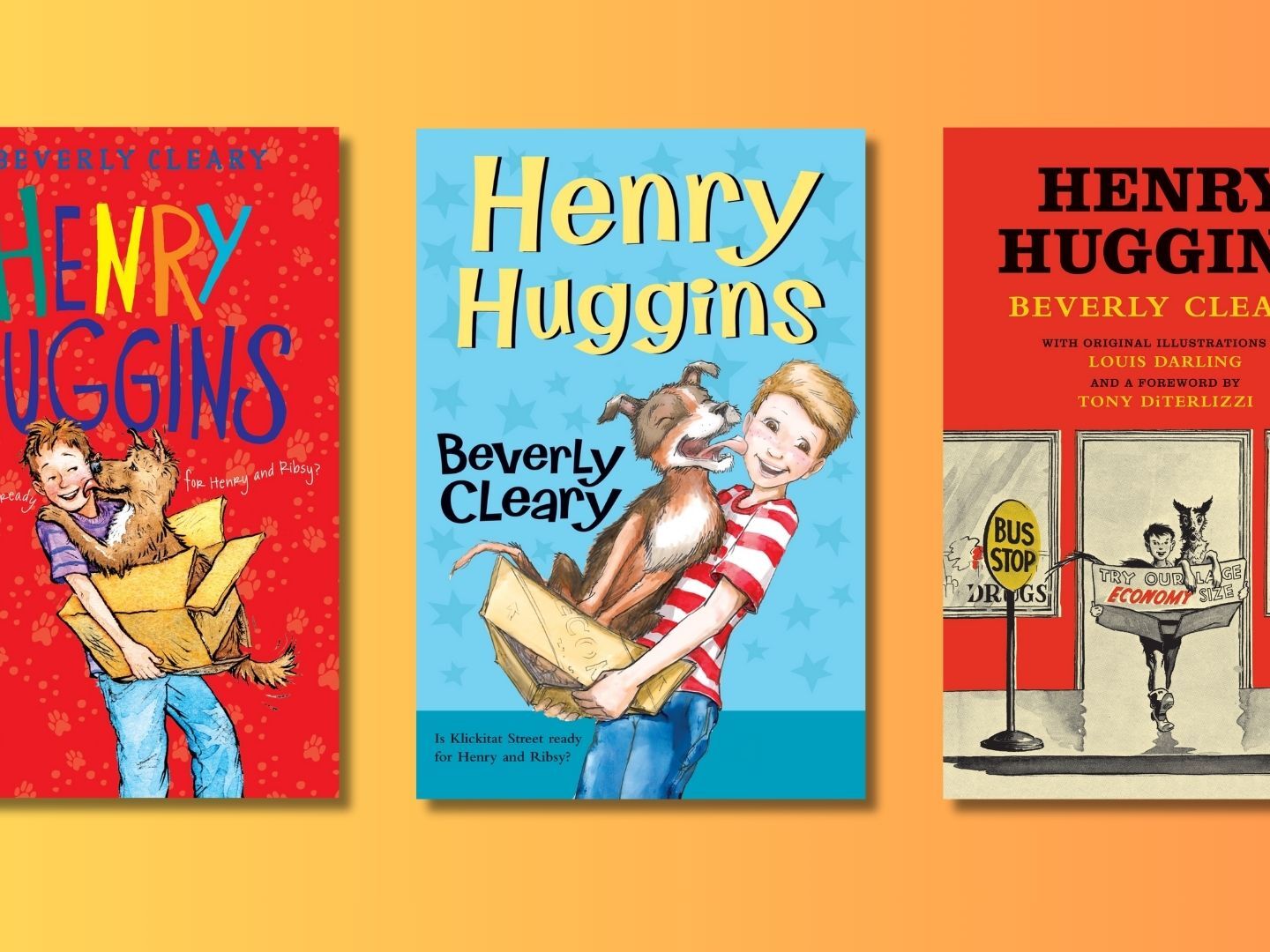 caption: A few of the many iterations of <em>Henry Huggins</em> cover art over the years.