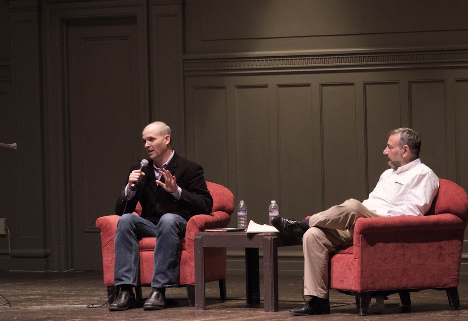 caption: Matt Taibbi and Joel Berg at Town Hall Seattle