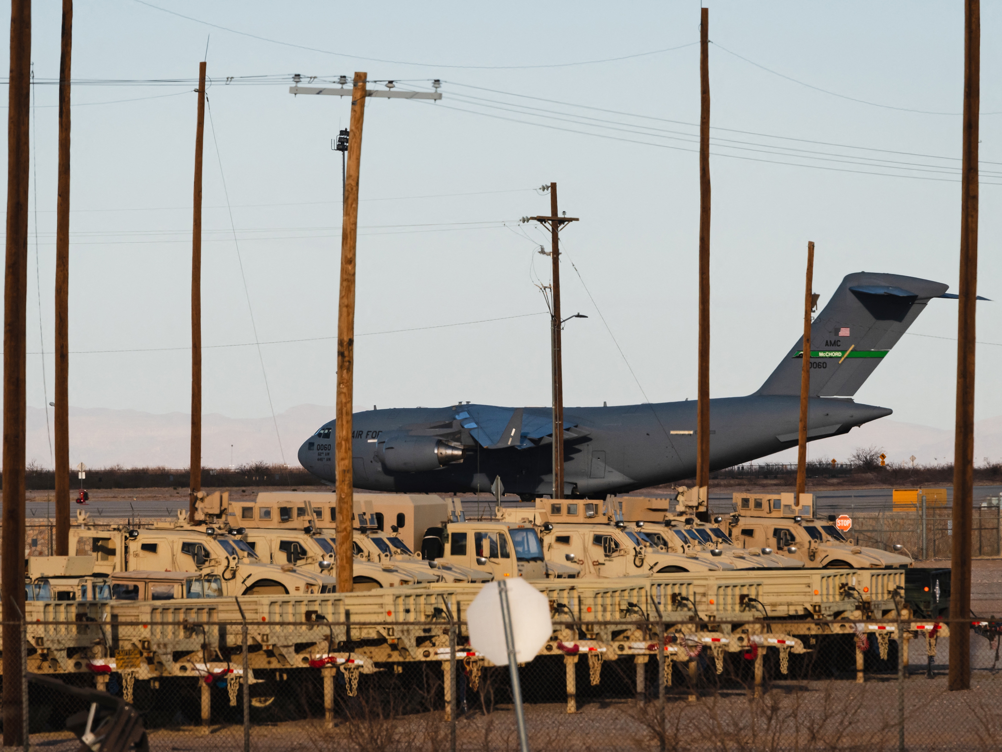 caption: A United States Air Force Boeing C-17 used for deportation flights is pictured at Biggs Army Airfield in Fort Bliss, El Paso, Texas in February 2025.