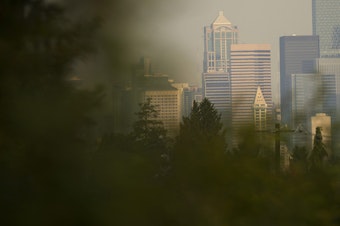 caption: The Seattle skyline is shown shrouded in smoke from wildfires burning in Canada, on Friday, August 13, 2021, from Jefferson Park in Seattle. 
