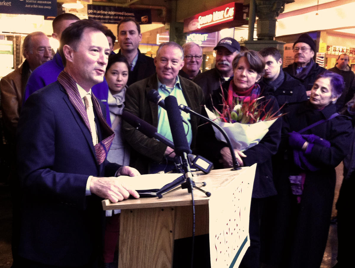 caption: Peter Steinbrueck announces his run for Seattle mayor at Pike Place Market.