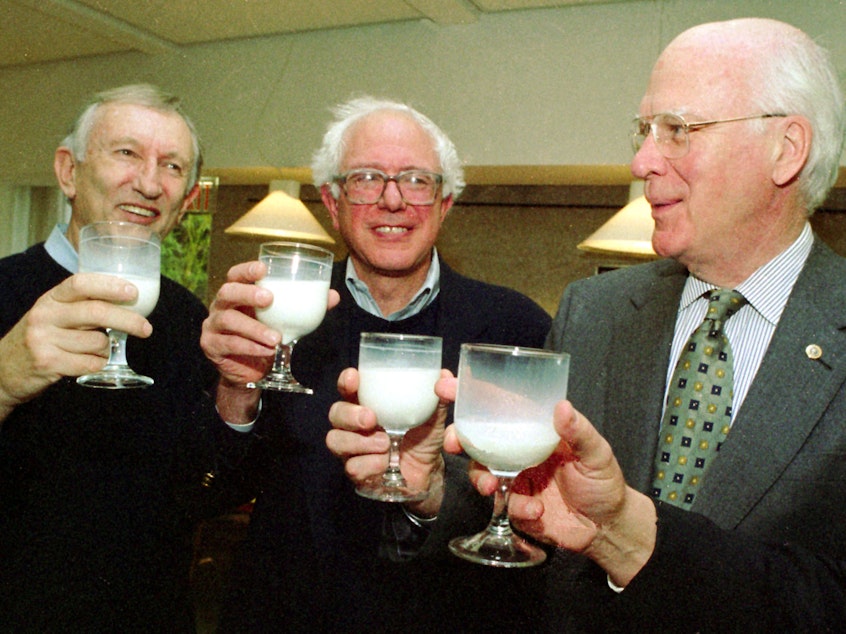 caption: Then-Sen. James Jeffords, I-Vt.; then-Rep. Bernie Sanders, I-Vt.; and Sen. Patrick Leahy, D-Vt., drink glasses of milk in 1999. Senate rules during the impeachment trial of President Trump permit the consumption of milk on the chamber floor, a strange rule that has sparked a conversation on social media.