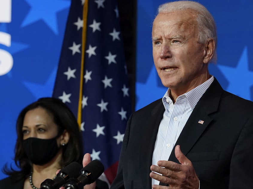 caption: Joe Biden speaks Thursday in Wilmington, Del., with Sen. Kamala Harris at his side. World leaders reacted to Biden's victory, mostly congratulating the president-elect and vice president-elect.